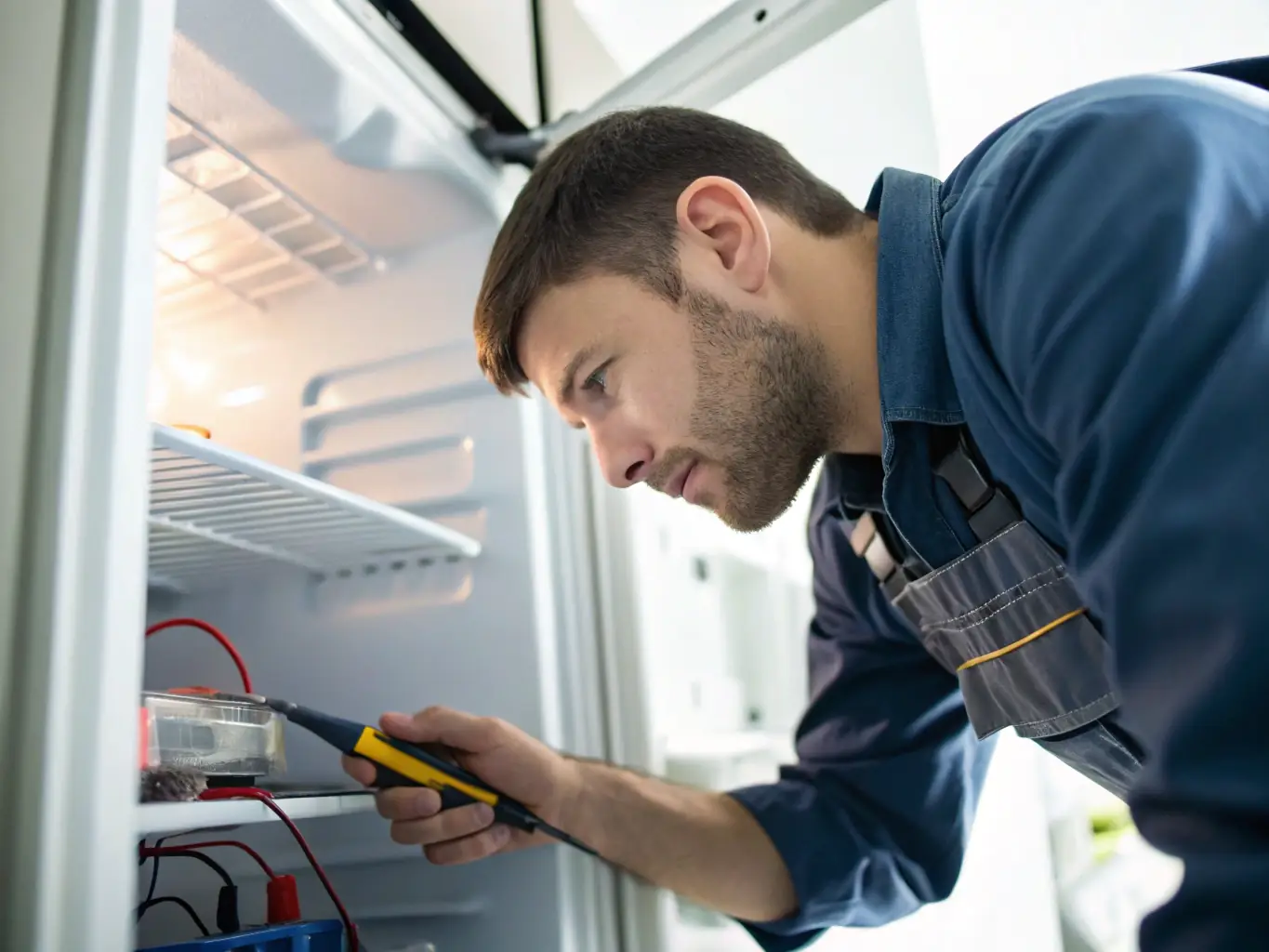 A technician in uniform repairing the inside of a refrigerator with various tools, with focus on the interior components and lighting.