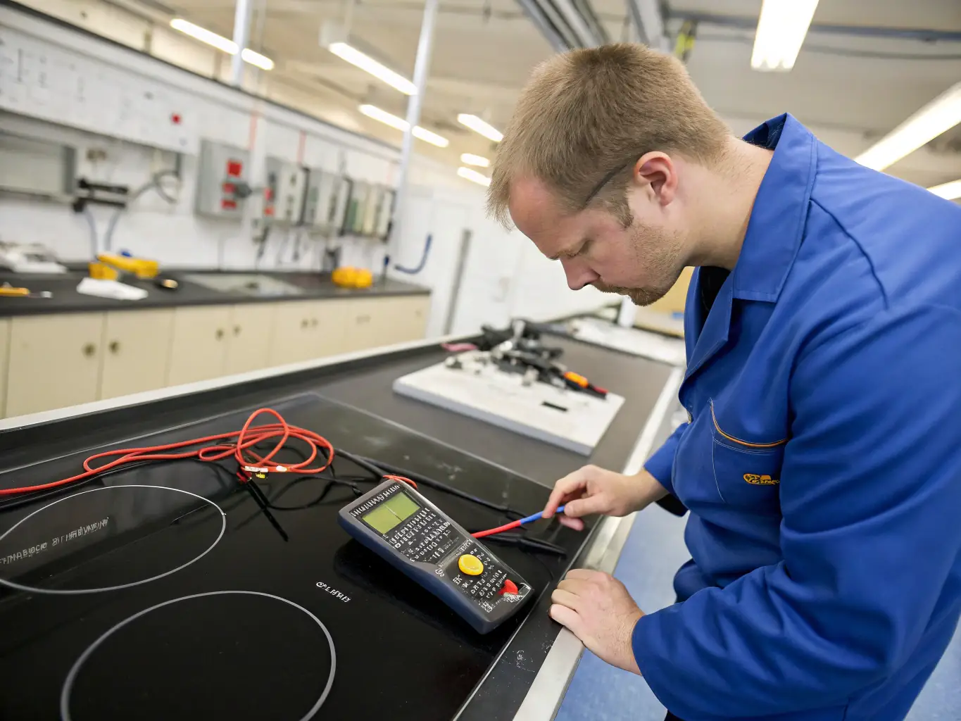 A technician using a digital multimeter to test the heating element of a stove, with a focus on the control panel and burners.