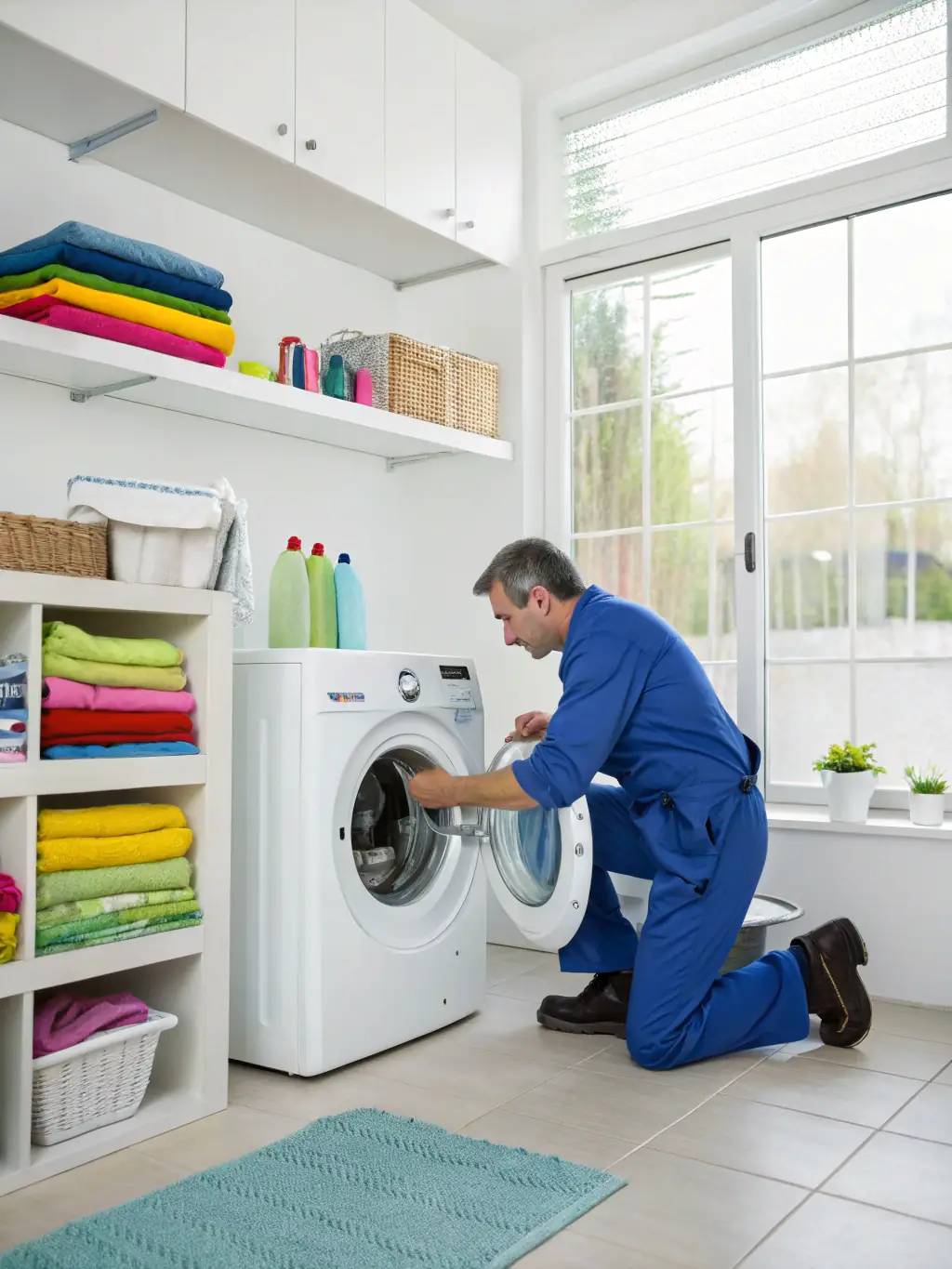 A high-efficiency washing machine with the H&M Repairs van visible through the nearby window, symbolizing quick and reliable service.