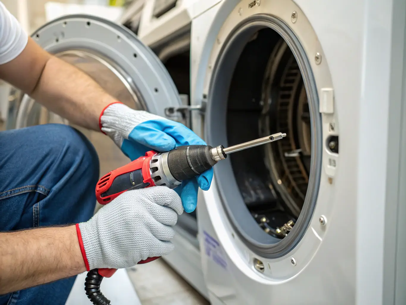 A technician using a wrench to repair a washing machine, with emphasis on the internal components and water lines.