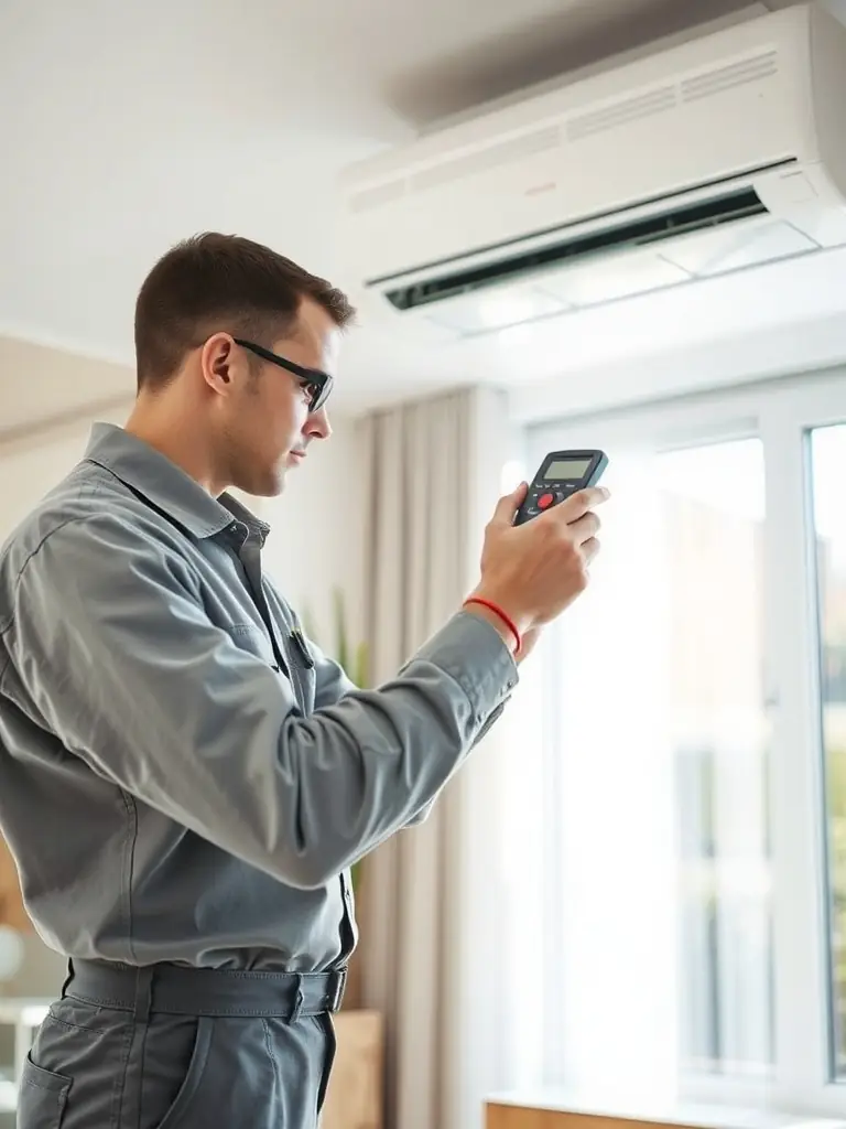 An air conditioning unit being serviced by a technician from H&M Repairs, with diagnostic tools connected and a focus on energy efficiency.