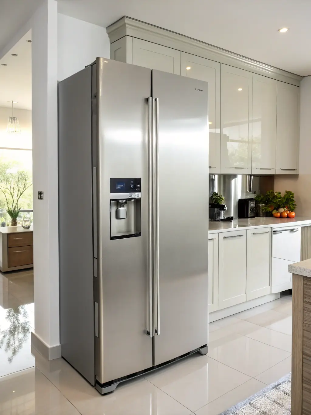 A modern stainless steel refrigerator with the H&M Repairs logo subtly overlaid, showcasing a recently repaired door seal, set in a clean, well-lit kitchen.